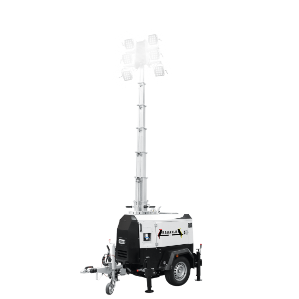 Indigenous business Kabanji's Diesel Mobile Lighting Tower. Lighting Tower extended with lights on. Sustainable Diesel Lighting tower utilising energy efficient diesel generator power designed for lower fuel consumption.