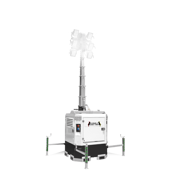 Indigenous business Kabanji's Hybrid Cubed Mobile Lighting Tower. Lighting Tower extended with lights on. Sustainable Hybrid Lighting tower utilising battery and diesel generator power.