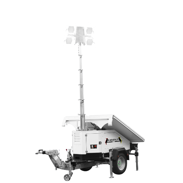 Indigenous business Kabanji's X-Solar Lighting Tower. Lighting Tower extended with lights on. Sustainable Lighting tower utilising battery and solar power.