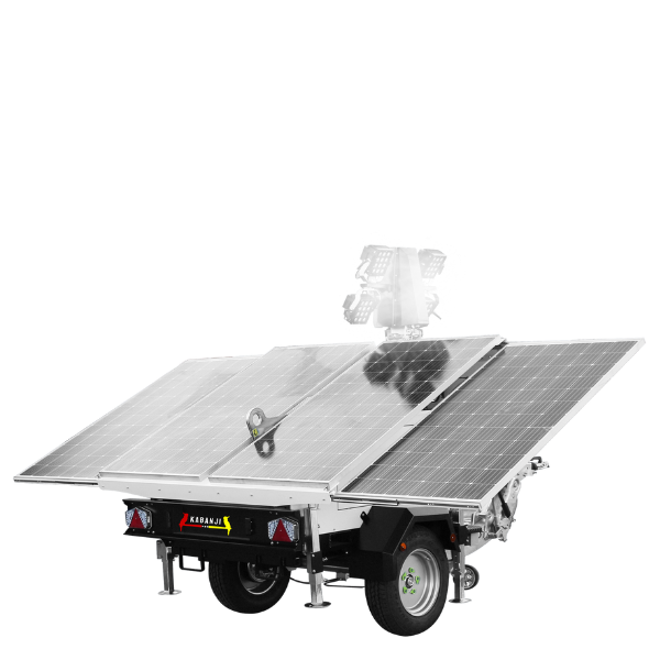 Indigenous business Kabanji's X-Solar Lighting Tower. Lighting Tower with mast down with lights on. Sustainable Lighting tower utilising battery and solar power.