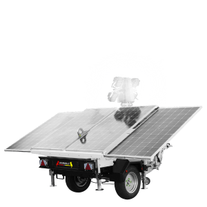 Indigenous business Kabanji's X-Solar Lighting Tower. Lighting Tower mast down with lights on. Sustainable Lighting tower utilising battery and solar power.