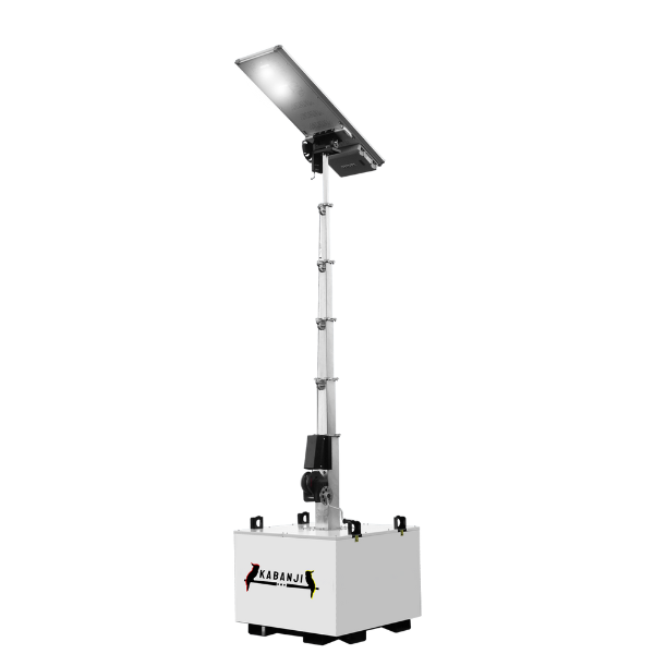 Indigenous business Kabanji's X-Pole Lighting Tower. Lighting Tower extended with lights on. Sustainable Lighting tower utilising battery and solar power.