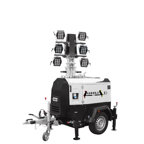 Indigenous business Kabanji's X-Hybrid Lighting Tower. Lighting Tower mast down with lights off. Sustainable Lighting tower utilising battery and the confidence of diesel power back-up.