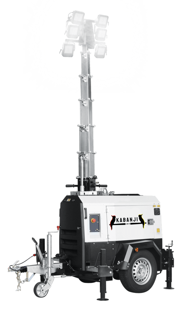 Indigenous business Kabanji's Diesel Mobile Lighting Tower. Lighting Tower extended with lights on. Sustainable Diesel Lighting tower utilising energy efficient diesel generator power designed for lower fuel consumption.