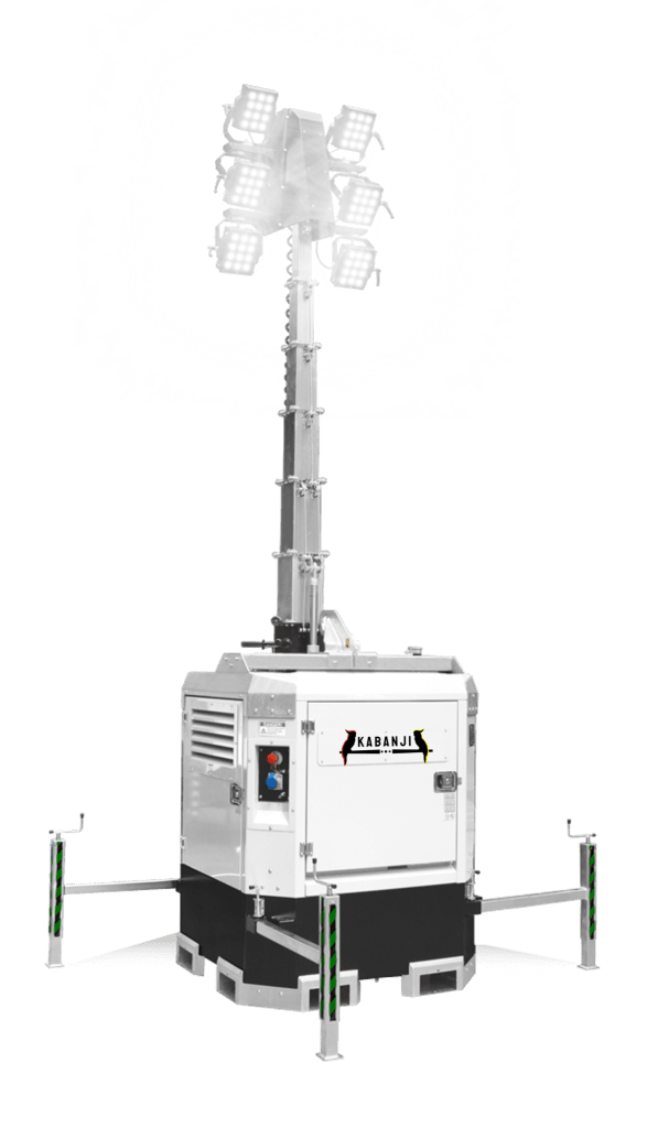 Indigenous business Kabanji's Hybrid Cubed Mobile Lighting Tower. Lighting Tower extended with lights on. Sustainable Hybrid Lighting tower utilising battery and diesel generator power.
