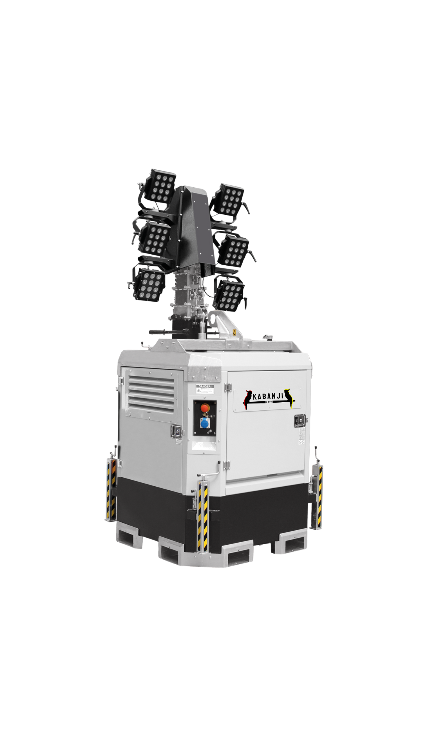Indigenous business Kabanji's X-Hybrid Cubed Lighting Tower. Lighting Tower mast down with lights off. Sustainable Lighting tower utilising battery and the confidence of diesel power back-up.